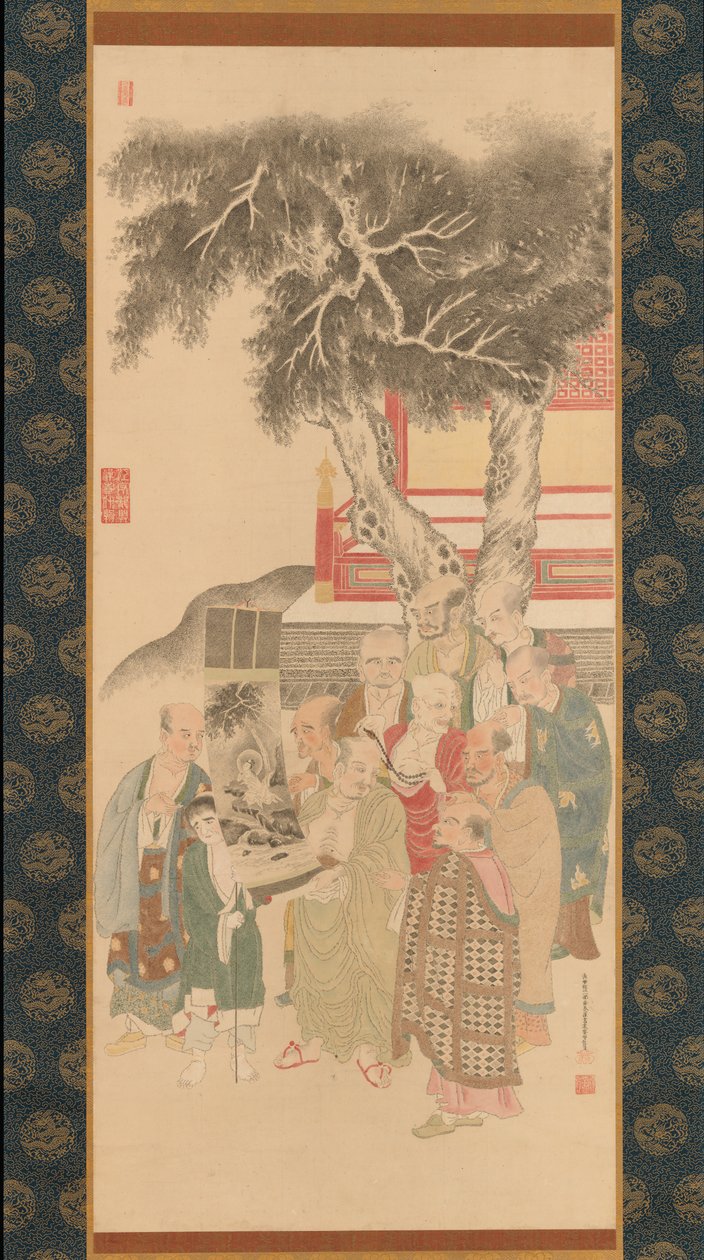 عشرة راكان يفحصون لوحة لكانون ذو رداء أبيض 1792. بواسطة كاتو نوبوكيو