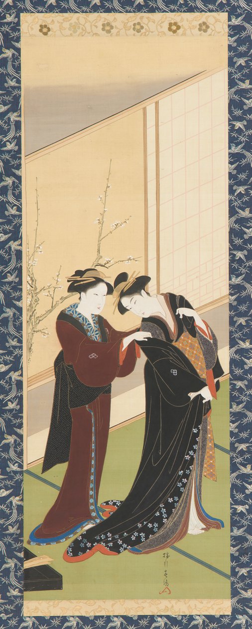 من الداخل: امرأة تساعد فتاة على ارتداء الملابس ، فترة إيدو ، 1726-1792. بواسطة كاتسوكاوا شونتشو