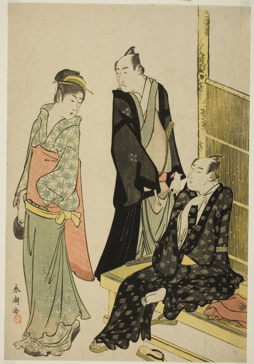 الممثلان Onoe Matsusuke I و Ichikawa Omezo I في مقهى بواسطة كاتسوكاوا شونتشو