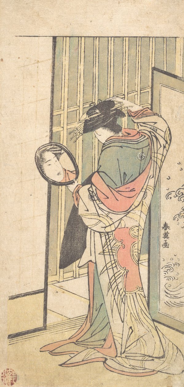 مجاملة تنظر إلى انعكاس صورتها في مرآة يد ، كاليفورنيا. 1787. بواسطة كاتسوكاوا شوني