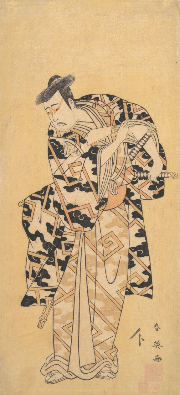 الممثل Ichikawa Yaozo III بدور Fuwa Banzaemon في ثوب الرعد ، يلعب مع مروحة ، 1794. بواسطة كاتسوكاوا شوني