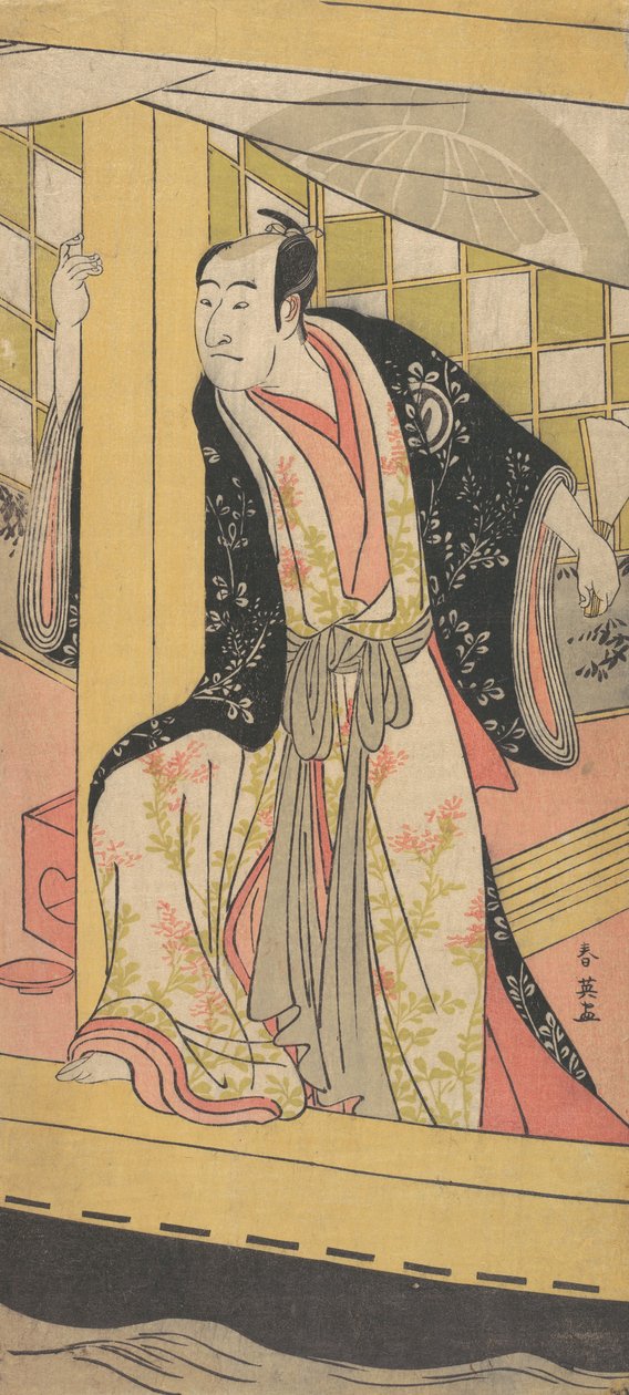 الممثل Sawamura Sojuro الثالث كرجل يقف في قارب المتعة ، كاليفورنيا. 1790. بواسطة كاتسوكاوا شوني