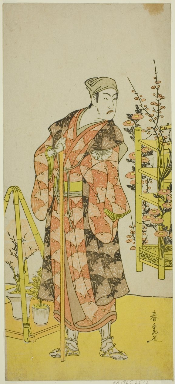 الممثل ماتسوموتو كوشيرو الرابع في دور بائع النباتات Awashima no Yonosuke في مسرحية Mukashi Otoko Yuki no Hinagata ، تم تقديمه في مسرح Ichimura في الشهر الحادي عشر ، 1781 بواسطة كاتسوكاوا شونسن