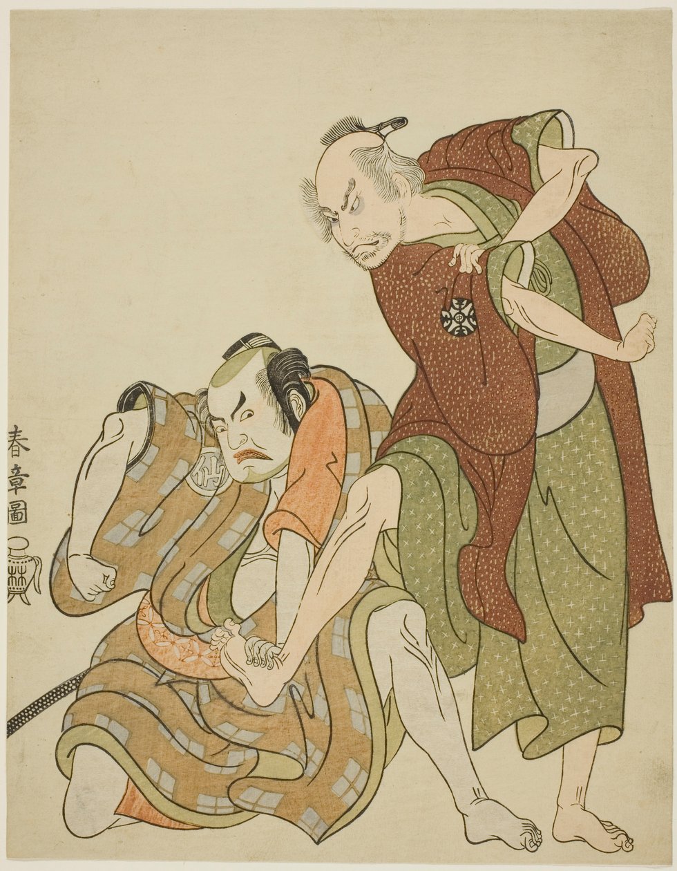 ممثلون يلعبون أدوار Giheiji وصهره ، Danshichi Kurobei بواسطة كاتسوكاوا شونشو