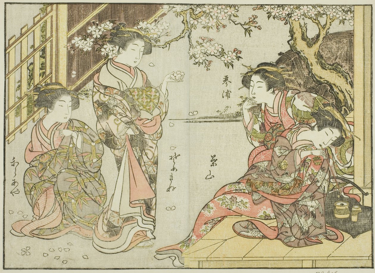 Courtesans of the Asahimaruya ، من كتاب "Mirror of Beautiful Women of the Pleasure Quarters (Seiro bijin awase sugata kagami)" المجلد. 1 بواسطة كاتسوكاوا شونشو