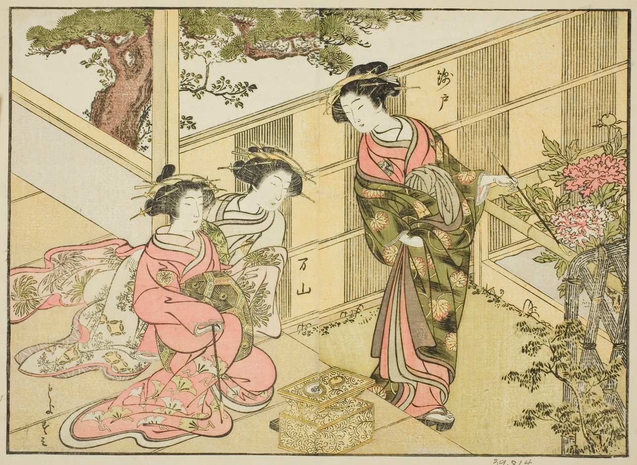 Courtesans of the Chojiya ، من كتاب "A Comparison of the Beauties of Green Houses: A Mirror of their Forms (Seiro bijin awase sugata kagami)"، vol. 1 بواسطة كاتسوكاوا شونشو