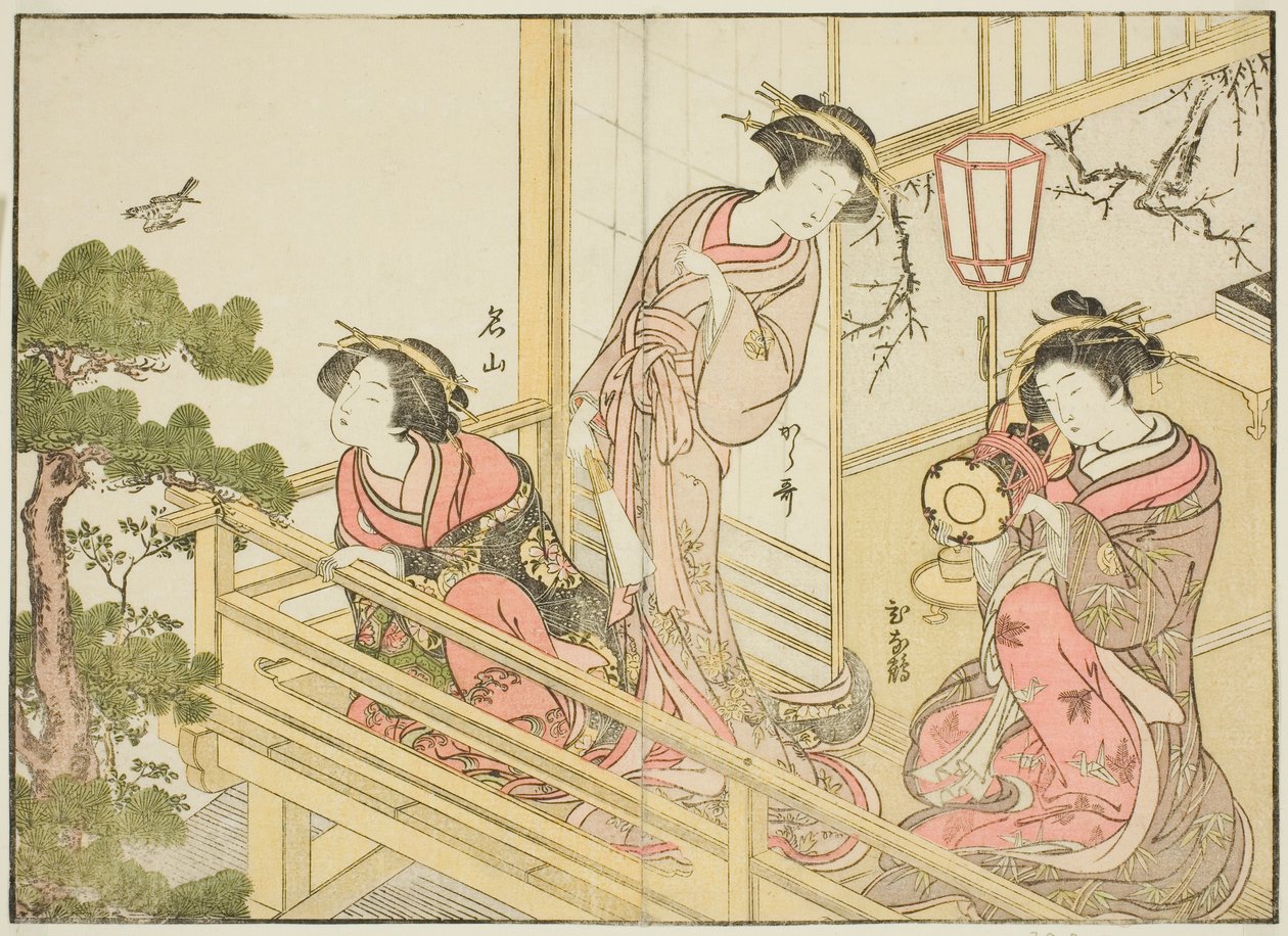 Courtesans of the Chojiya ، من كتاب "Mirror of Beautiful Women of the Pleasure Quarters (Seiro bijin awase sugata kagami)" المجلد. 1 بواسطة كاتسوكاوا شونشو