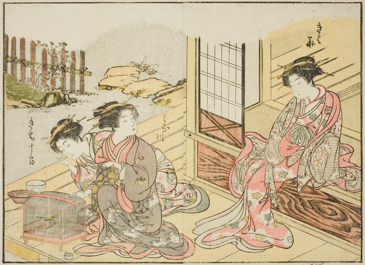 Courtesans of the Kagemanjiya ، من كتاب "Mirror of Beautiful Women of the Pleasure Quarters (Seiro bijin awase sugata kagami)" المجلد. 1 بواسطة كاتسوكاوا شونشو