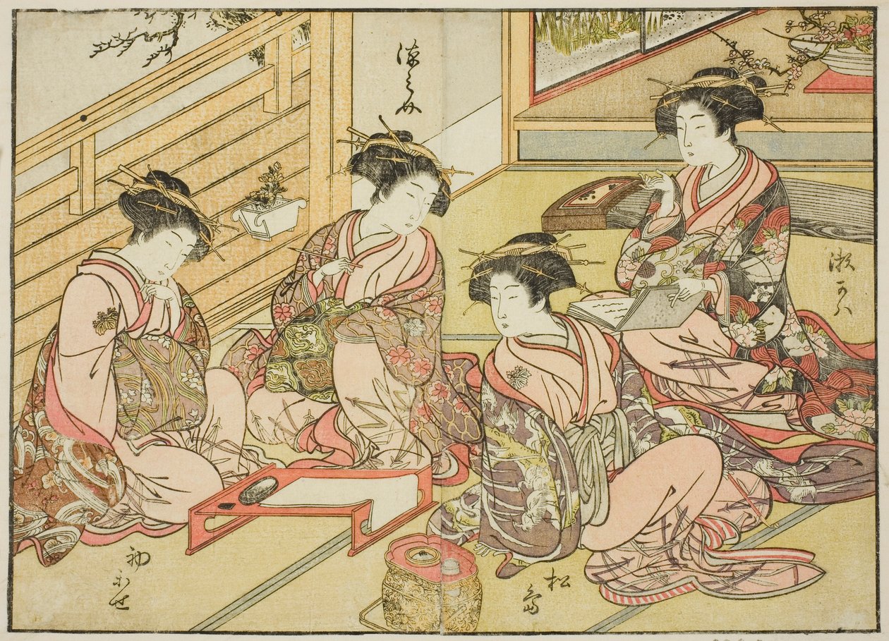 المحظيات من ماتسوبايا ، من كتاب "مرآة النساء الجميلات لأحياء المتعة (Seiro bijin awase sugata kagami)" المجلد. 1 بواسطة كاتسوكاوا شونشو