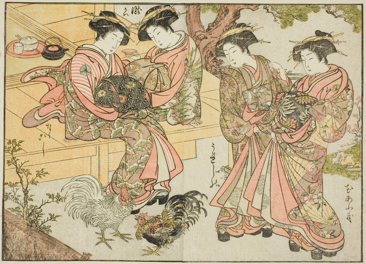 Courtesans of the Ogiya ، من كتاب "Mirror of Beautiful Women of the Pleasure Quarters (Seiro bijin awase sugata kagami)" المجلد. 1 بواسطة كاتسوكاوا شونشو