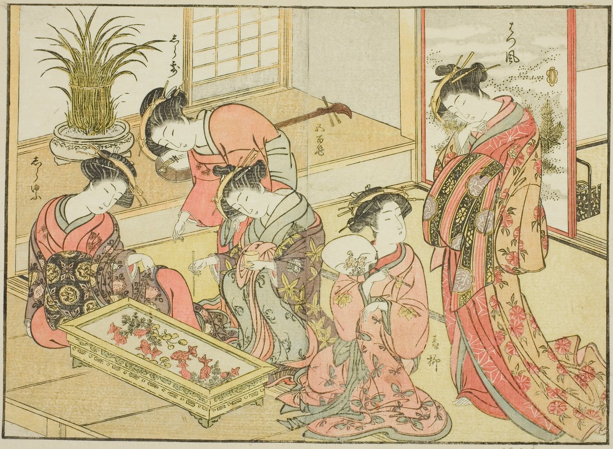 Courtesans of the Wakanaya ، من كتاب "Mirror of Beautiful Women of the Pleasure Quarters (Seiro bijin awase sugata kagami)" المجلد. 1 بواسطة كاتسوكاوا شونشو