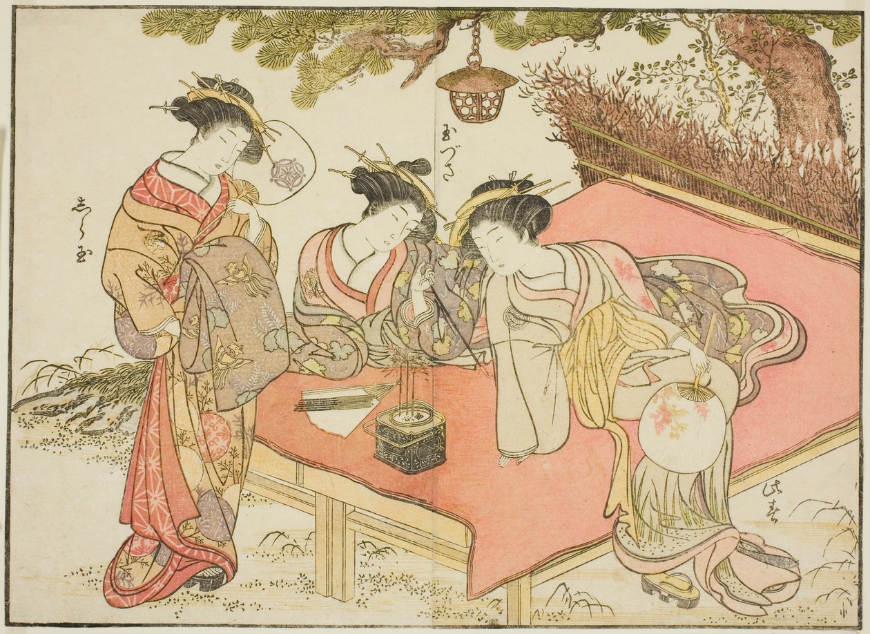Courtesans of the Yadaya ، من كتاب "Mirror of Beautiful Women of the Pleasure Quarters (Seiro bijin awase sugata kagami)" المجلد. 1 بواسطة كاتسوكاوا شونشو