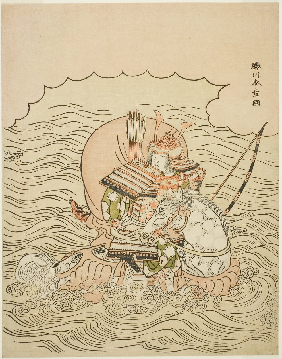 Taira no Atsumori ركوب الخيل في البحر ، حوالي عام 1770 (طباعة خشبية ملونة ؛ تشوبان) بواسطة كاتسوكاوا شونشو