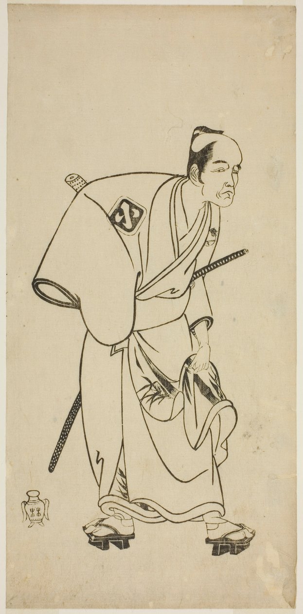 الممثل Arashi Otohachi I بدور Hotei Ichiemon في مسرحية Ayatsuri Kabuki Ogi ، تم تقديمه في مسرح Nakamura في الشهر السابع ، 1768 بواسطة كاتسوكاوا شونشو