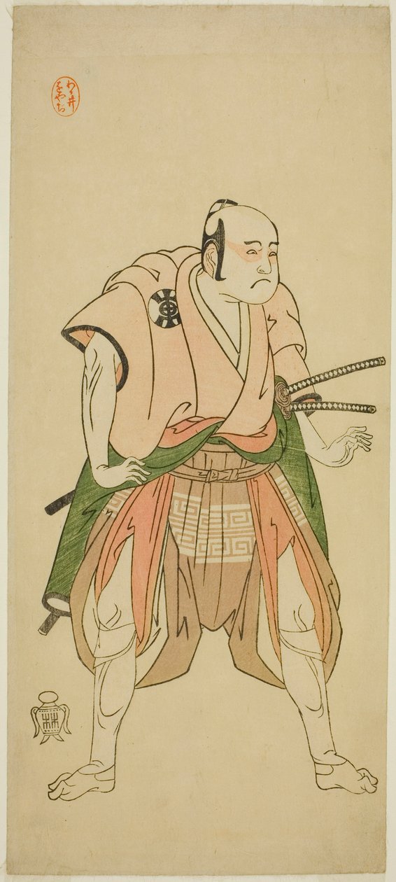 الممثل باندو سامباتشي الأول في دور Yawata no Saburo (؟) في مسرحية Shuen Soga Omugaeshi (؟) ، تم أداؤه في مسرح Ichimura (؟) في الشهر الثاني ، 1768 (؟) بواسطة كاتسوكاوا شونشو