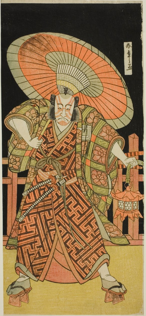 الممثل Ichikawa Danjuro V في دور Kazusa no Gorobei Tadamitsu في مسرحية Kitekaeru Nishiki no Wakayaka ، تم عرضه في مسرح ناكامورا في الشهر الحادي عشر ، 1780 بواسطة كاتسوكاوا شونشو