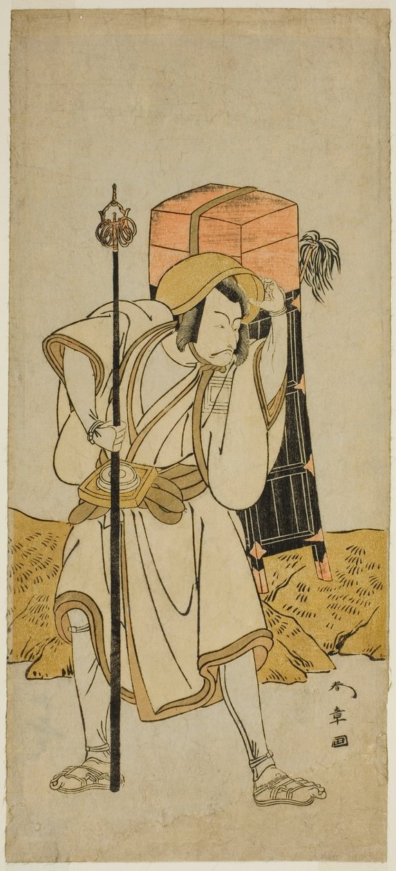 الممثل Ichikawa Danjuro V في دور Moriya no Daijin متنكرًا في زي Rokuju-rokubu في مسرحية Miya-bashira Iwao no Butai ، تم أداؤه في مسرح موريتا في الشهر السابع ، 1773 بواسطة كاتسوكاوا شونشو