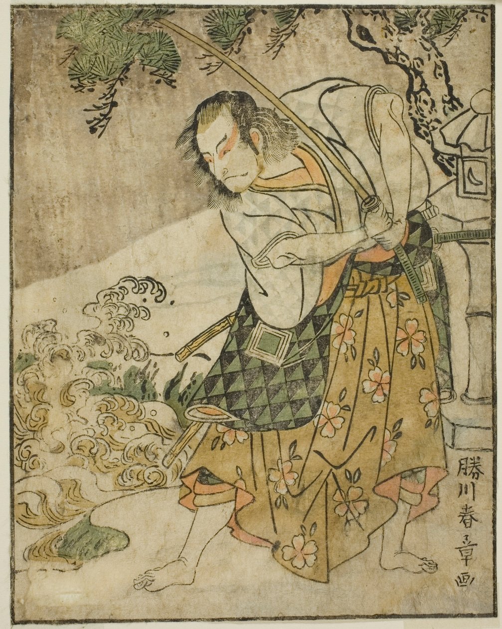 الممثل Ichikawa Danjuro V في دور Ogata no Sabura (؟) في مسرحية Nue no Mori Ichiyo no Mato ، تم تقديمه في مسرح ناكامورا في الشهر الحادي عشر ، 1770 بواسطة كاتسوكاوا شونشو