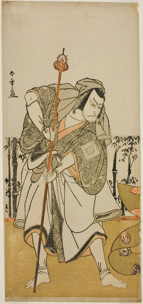الممثل Ichikawa Danjuro Vs Taira no Masakado متنكرا في زي الحاج Junjo في مسرحية Masakado Kammuri no Hatsuyuki ، التي تم عرضها في مسرح ناكامورا في الشهر الحادي عشر ، بواسطة كاتسوكاوا شونشو