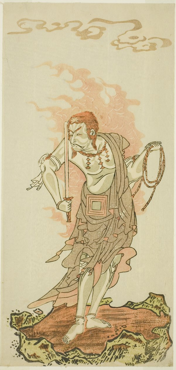 الممثل Ichikawa Danjuro V بدور الإله البوذي Fudo في المشهد الأخير من الجزء الأول من مسرحية Fuki Kaete Tsuki mo Yoshiwara (Rethatched Roof: The Moon يضيء أيضًا فوق منطقة Yoshiwara Pleasure) ، تم أداؤه في مسرح موريتا من الأول بواسطة كاتسوكاوا شونشو