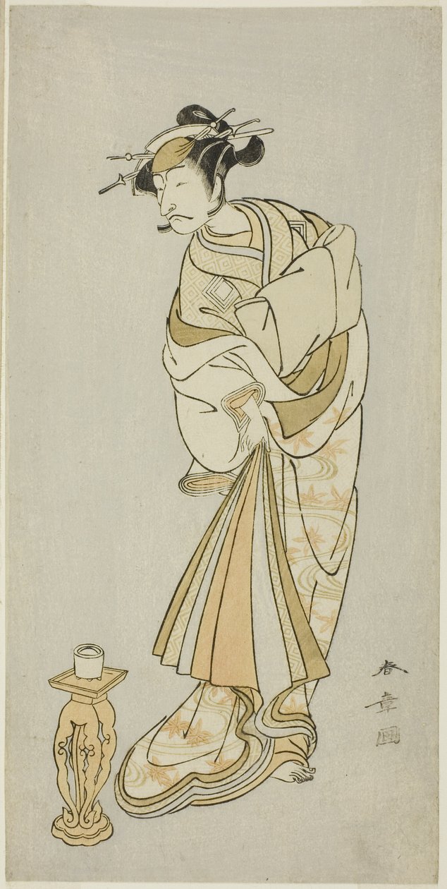 الممثل Ichikawa Danjuro V بدور روح الراهب Seigen في تسلسل رقص Shosagoto "Sono Utsushi-e Matsu ni Kaede" (صورة ظل للصنوبر والقيقب) ، المشهد الأخير من الجزء الثاني من مسرحية Keisei Momiji no Uchikake ( المحظية في أكثر من كيمونو من بواسطة كاتسوكاوا شونشو