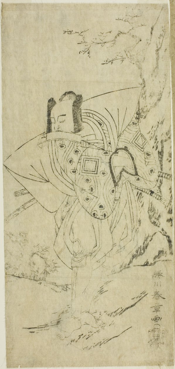 الممثل Ichikawa Danzo III مثل I no Hayata Tadazumi في مسرحية Nue no Mori Ichiyo no Mato ، تم تقديمه في مسرح ناكامورا في الشهر الحادي عشر ، 1770 بواسطة كاتسوكاوا شونشو