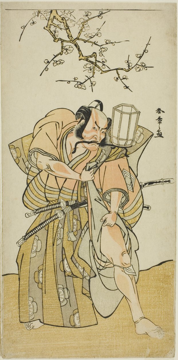 الممثل Ichikawa Danzo IV في دور Kamakura no Gongoro Kagemasa ، في المشهد الخامس من تاريخ اللعب Nishiki Tsui no Yumitori (A Dandyish Brocade: Opposing Warriors) ، تم أداؤه في مسرح Morita في الشهر الحادي عشر ، 1778 بواسطة كاتسوكاوا شونشو