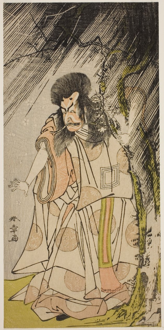الممثل Ichikawa Ebizo III كإله الرعد ، تجسيد لـ Sugawara Michizane ، في مسرحية Sugawara Denju Tenarai Kagami ، تم أداؤه في مسرح Ichimura في الشهر الثامن ، 1776 بواسطة كاتسوكاوا شونشو