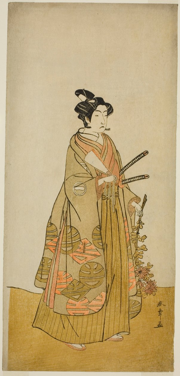 الممثل Ichikawa Monnosuke II بدور Kichisaburo ، Temple Page of Kichijo-ji ، في مسرحية Sono Kyodai Fuji no Sugatami ، تم أداؤه في مسرح موريتا في الشهر الثاني ، 1776 بواسطة كاتسوكاوا شونشو