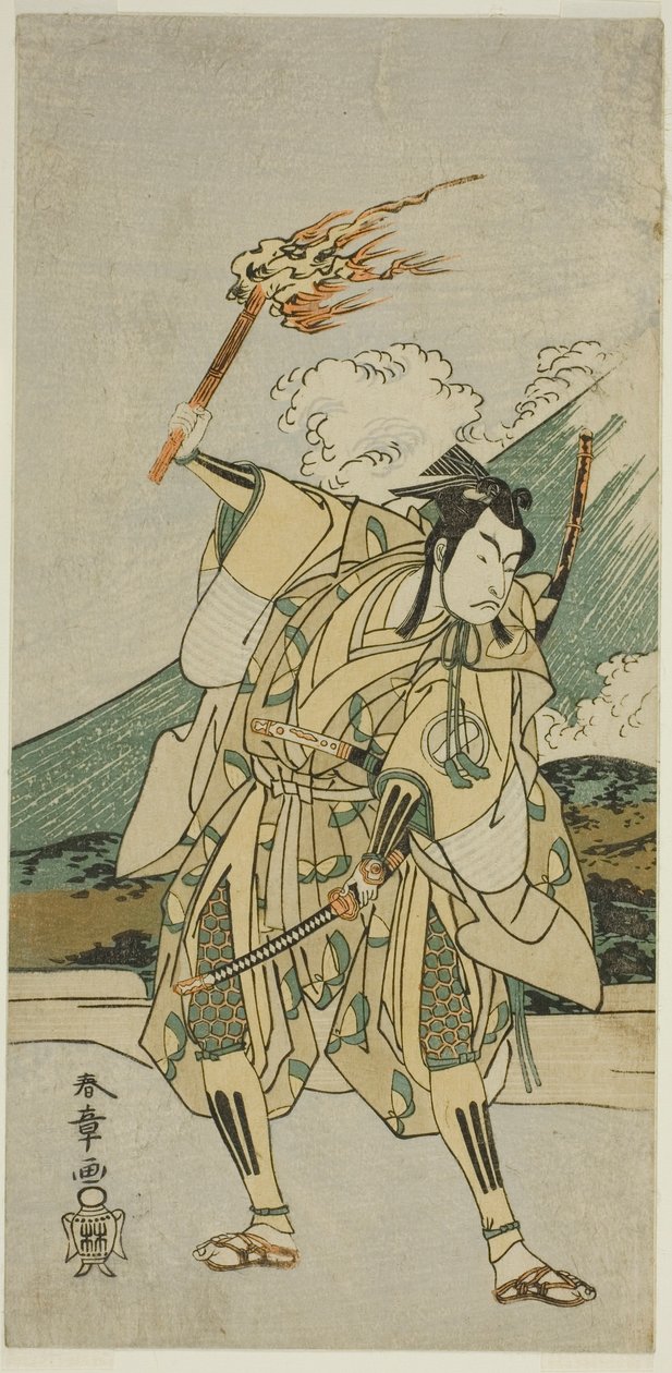 الممثل Ichikawa Monnosuke II بدور Soga no Goro Tokimune في مسرحية Haru wa Soga Akebono-zoshi (؟) ، تم عرضها في مسرح ناكامورا (؟) في الشهر الأول ، 1772 (؟) بواسطة كاتسوكاوا شونشو