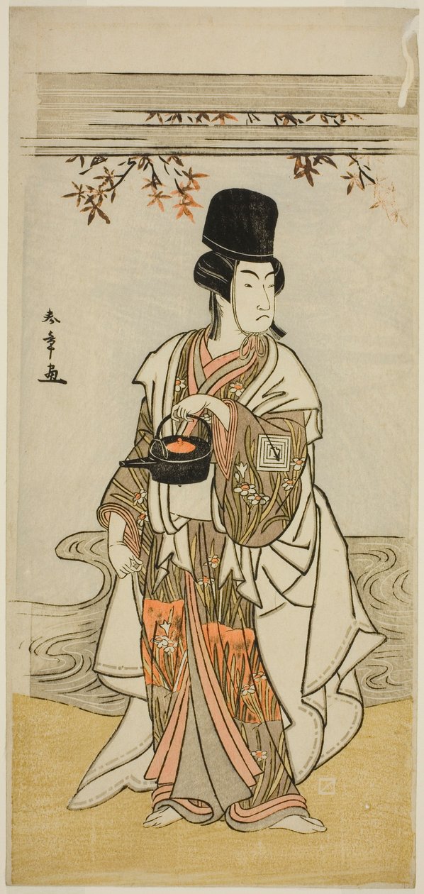 الممثل Ichikawa Monnosuke II في دور خادم المحكمة Shoheida Sadamori في مسرحية Masakado Kammuri no Hatsuyuki ، تم عرضه في مسرح ناكامورا في الشهر الحادي عشر ، 1777 بواسطة كاتسوكاوا شونشو