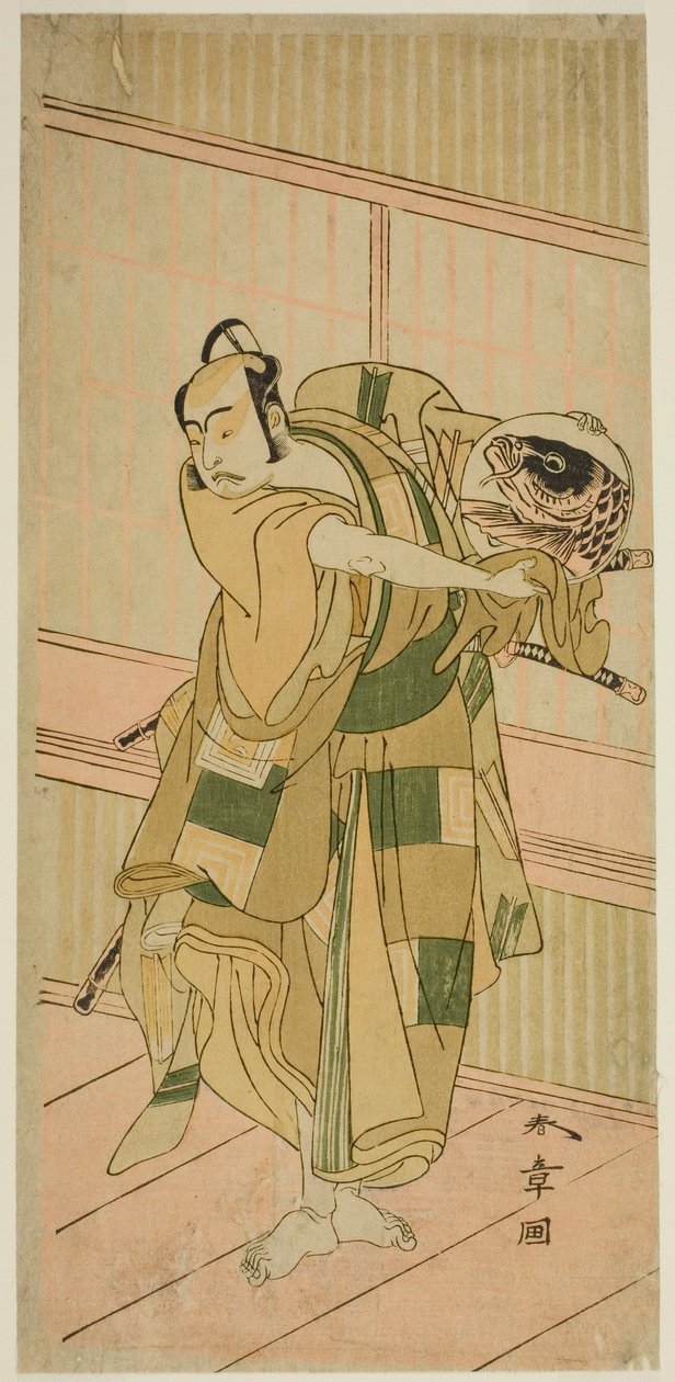 الممثل Ichikawa Yaozo II في دور Ashikaga Motouji متنكرا في صورة Katagiri Yashichi في مسرحية Oyoroi Ebido Shinozuka ، تم عرضها في مسرح Nakamura في الشهر الحادي عشر ، 1772 بواسطة كاتسوكاوا شونشو