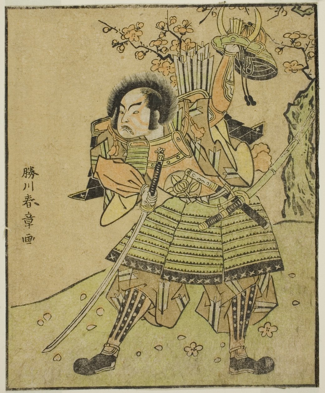 الممثل Ichimura Uzaemon IX في دور Kajiwara Genta no Kagetoki (؟) ، في مسرحية Myoto-giku Izu no Kisewata ، تم عرضه في مسرح ناكامورا في الشهر الحادي عشر ، 1770 بواسطة كاتسوكاوا شونشو