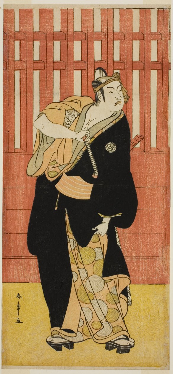 الممثل Ichimura Uzaemon IX في دور Soga no Goro Tokimune متنكراً في هيئة Agemaki no Sukeroku في مسرحية Sukeroku Yukari no Edo-zakura ، تم تقديمه في مسرح Ichimura في الشهر الخامس ، 1782 بواسطة كاتسوكاوا شونشو