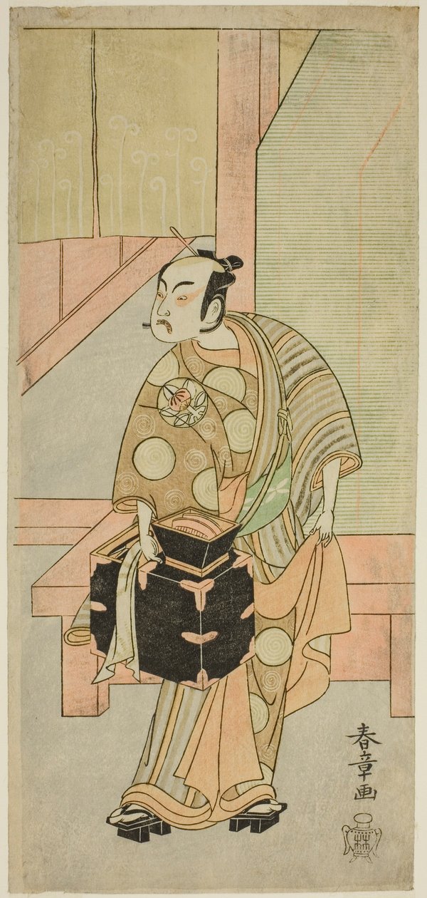 الممثل Ichimura Uzaemon IX مثل Hairdreser Komagata Ikkaku في مسرحية Fuji no Yuki Kaikei Soga ، تم تقديمه في مسرح Ichimura في الشهر الأول ، 1770 بواسطة كاتسوكاوا شونشو