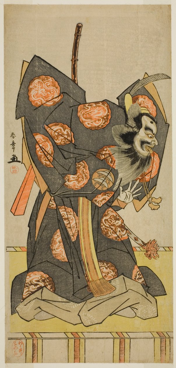 الممثل ناكاجيما ميهيمون الثاني في دور شوجاكو تينو في مسرحية Masakado Kammuri no Hatsuyuki ، تم تقديمه في مسرح ناكامورا في الشهر الحادي عشر ، 1777 بواسطة كاتسوكاوا شونشو