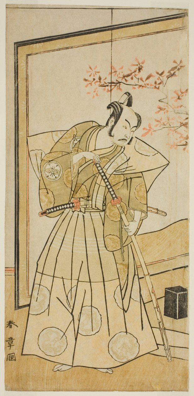 الممثل ناكامورا جوزو الثاني في دور أكيتا جونوسوكي في مسرحية Onna Aruji Hatsuyuki no Sekai ، تم عرضه في مسرح موريتا في الشهر الحادي عشر ، 1773 بواسطة كاتسوكاوا شونشو