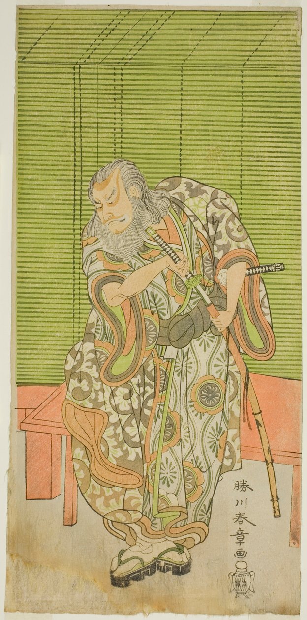 الممثل ناكامورا ناكازو الأول في دور Hige no Ikyu في مسرحية Sakai-cho Soga Nendaiki ، تم أداؤه في مسرح ناكامورا في الشهر الثالث ، 1771 بواسطة كاتسوكاوا شونشو