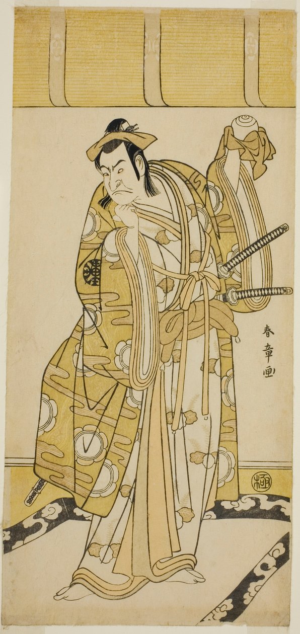 الممثل ناكامورا ناكازو الأول مثل Nagao Terutora في مسرحية Kuruma-gakari Tekuda no Gumbai ، التي تم عرضها في مسرح Ichimura في الشهر الحادي عشر ، بواسطة كاتسوكاوا شونشو