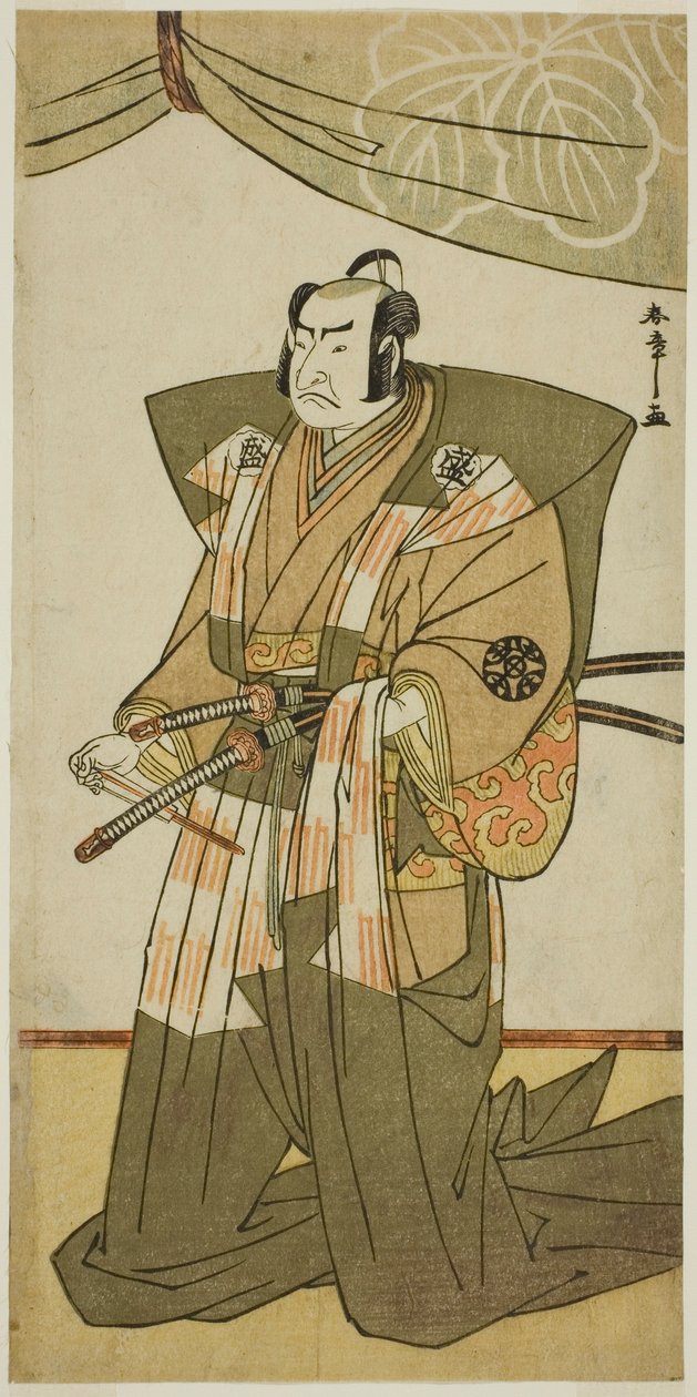 الممثل ناكامورا ناكازو الأول في دور سايتو سانيموري في مسرحية Kitekaeru Nishiki no Wakayaka ، تم عرضه في مسرح ناكامورا في الشهر الحادي عشر ، 1780 بواسطة كاتسوكاوا شونشو