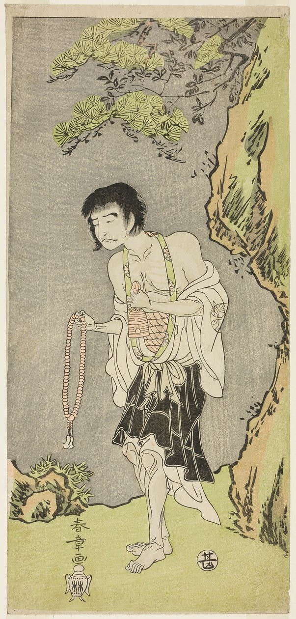 الممثل ناكامورا ناكازو الأول كراهب ، رايجو أجاري ، في مسرحية Nue no Mori Ichiyo no Mato (غابة وحش نو: هدف الشهر الحادي عشر) ، تم تقديمه في مسرح ناكامورا من اليوم الأول من الشهر الحادي عشر ، 1770 بواسطة كاتسوكاوا شونشو