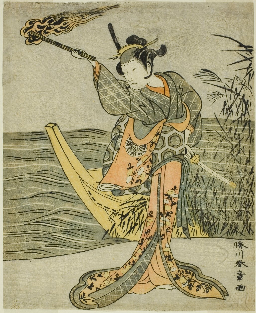 الممثل ناكامورا توميجورو الأول في دور ناغويا أوسان في مسرحية Fuki Kaete Tsuki mo Yoshiwara (السقف المعدني: القمر يضيء أيضًا فوق منطقة Yoshiwara Pleasure District) ، تم تقديمه في مسرح Morita في الشهر الحادي عشر ، 1771 بواسطة كاتسوكاوا شونشو