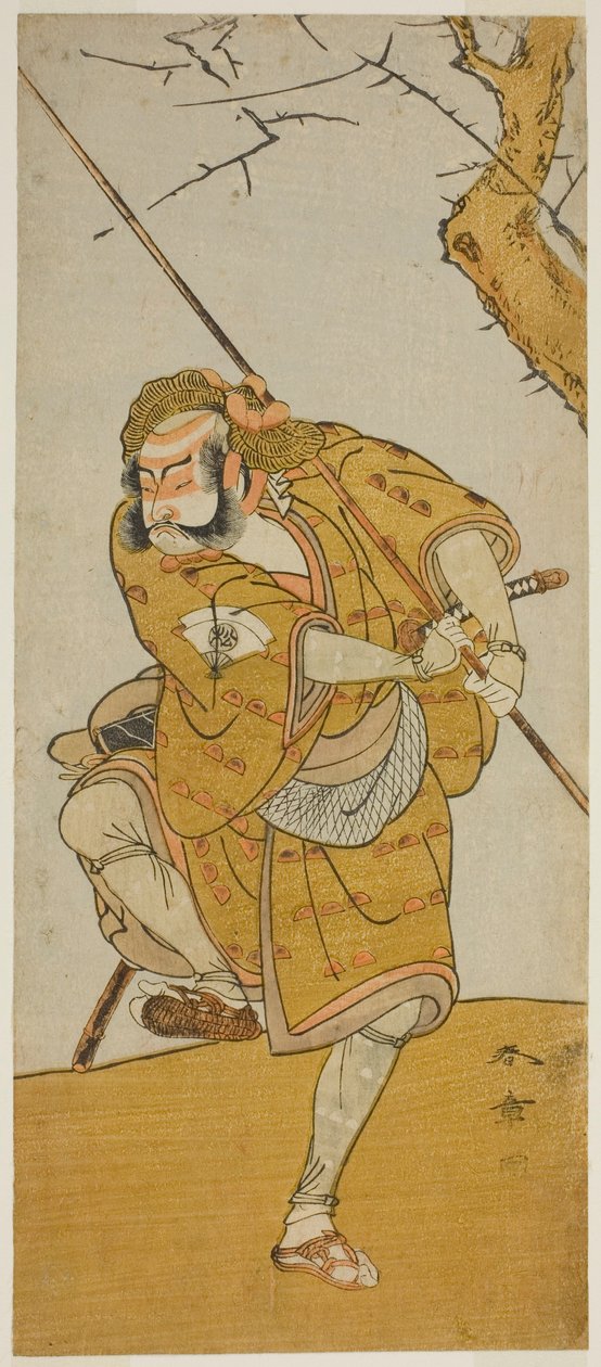 الممثل Onoe Matsusuke I في دور Kobayashi no Asahina متنكرًا في هيئة صائد الطيور في مسرحية Edo no Haru Meisho Soga ، التي تم عرضها في مسرح Ichimura في الشهر الثالث ، 1773 بواسطة كاتسوكاوا شونشو