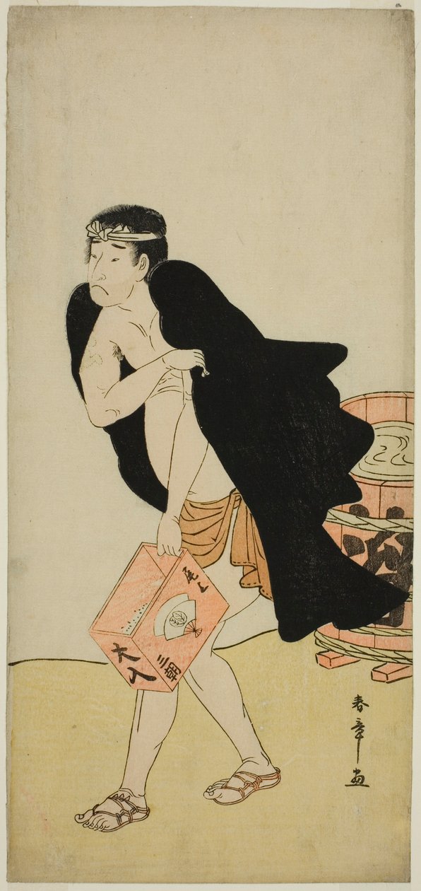 الممثل Onoe Matsusuke I بدور Palanquin Bearer Gohei في مسرحية Kitekaeru Nishiki no Wakayaka ، تم عرضه في مسرح ناكامورا في الشهر الحادي عشر ، 1780 بواسطة كاتسوكاوا شونشو