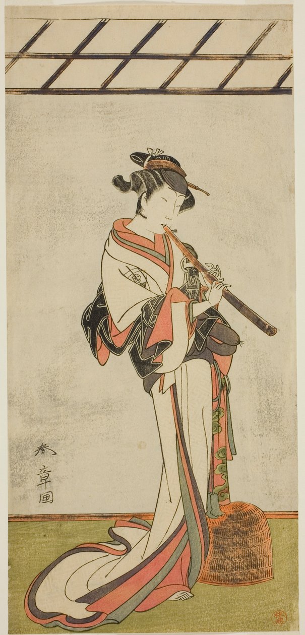 الممثل Onoe Tamizo I في دور Oiso no Tora أو Kewaizaka no Shosho ، متنكرًا في زي أنثى Komusu (؟) ، في مسرحية Yui Kanoko Date-zome Soga (؟) ، تم عرضها في مسرح Ichimura (؟) في الشهر الأول ، 1774 (؟) بواسطة كاتسوكاوا شونشو