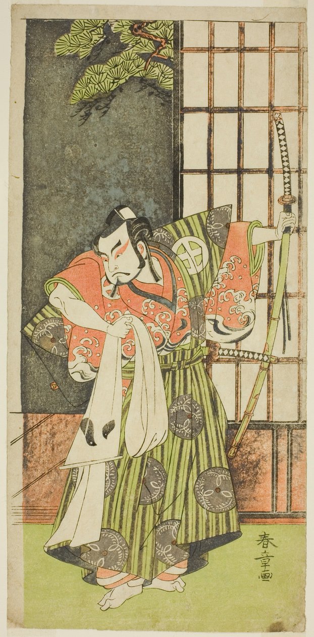الممثل أوتاني هيروجي الثالث بدور Kawazu no Saburo في مسرحية Myoto-giku Izu no Kisewata ، تم عرضه في مسرح Ichimura في الشهر الحادي عشر ، 1770 بواسطة كاتسوكاوا شونشو