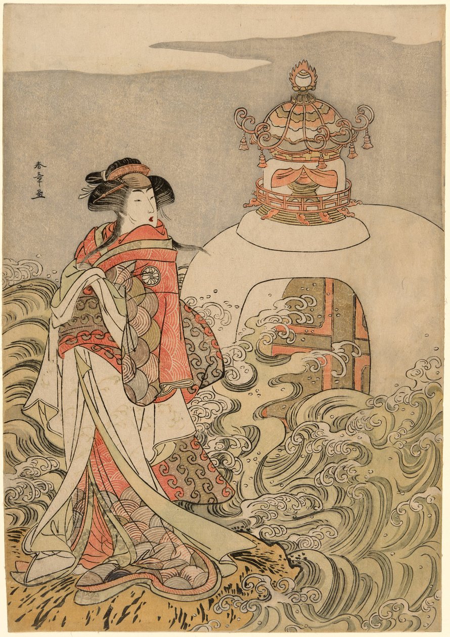 الممثل Segawa Kikunojo III بدور Dragon Princess في مسرحية Saki Masuya Ume no Kachidoki ، تم تقديمه في مسرح Ichimura في الشهر الحادي عشر ، 1778 بواسطة كاتسوكاوا شونشو