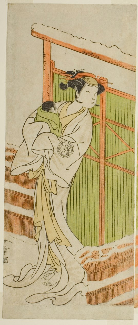الممثل Yamashita Kinsaku II في دور Moshio في مسرحية Izu-goyomi Shibai no Ganjitsu ، تم أداؤه في مسرح موريتا في الشهر الحادي عشر ، 1772 بواسطة كاتسوكاوا شونشو