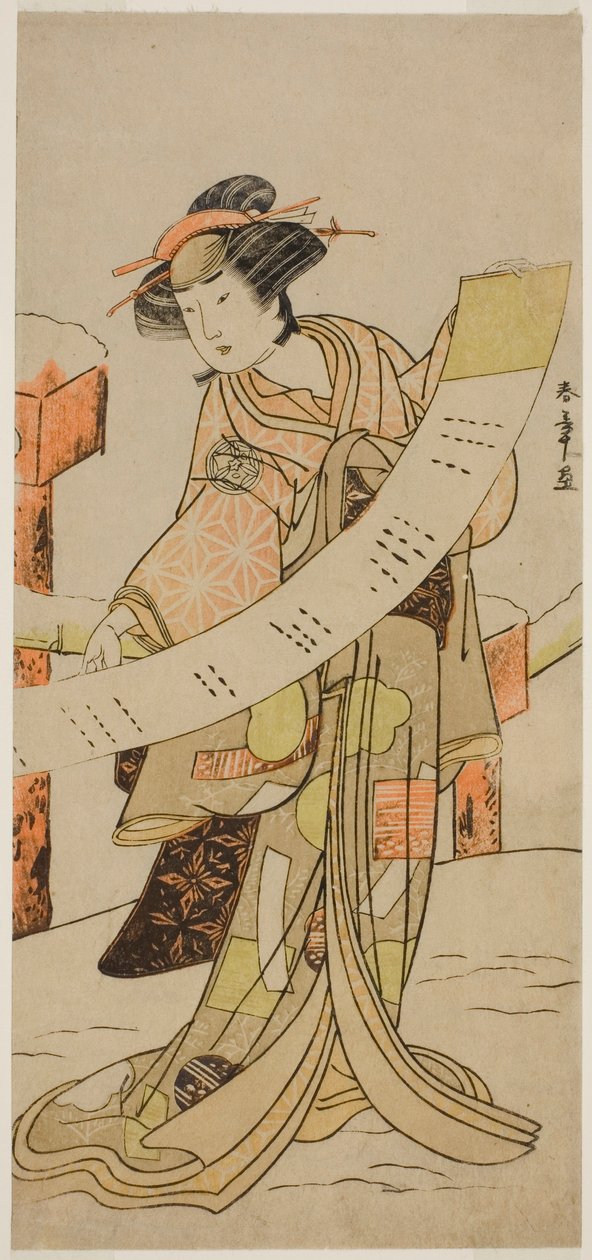 الممثل Yamashita Kinsaku II بدور Naoe في مسرحية Tsuma Mukae Koshiji no Fumizuki ، تم عرضه في مسرح ناكامورا في الشهر الثامن ، 1780 بواسطة كاتسوكاوا شونشو