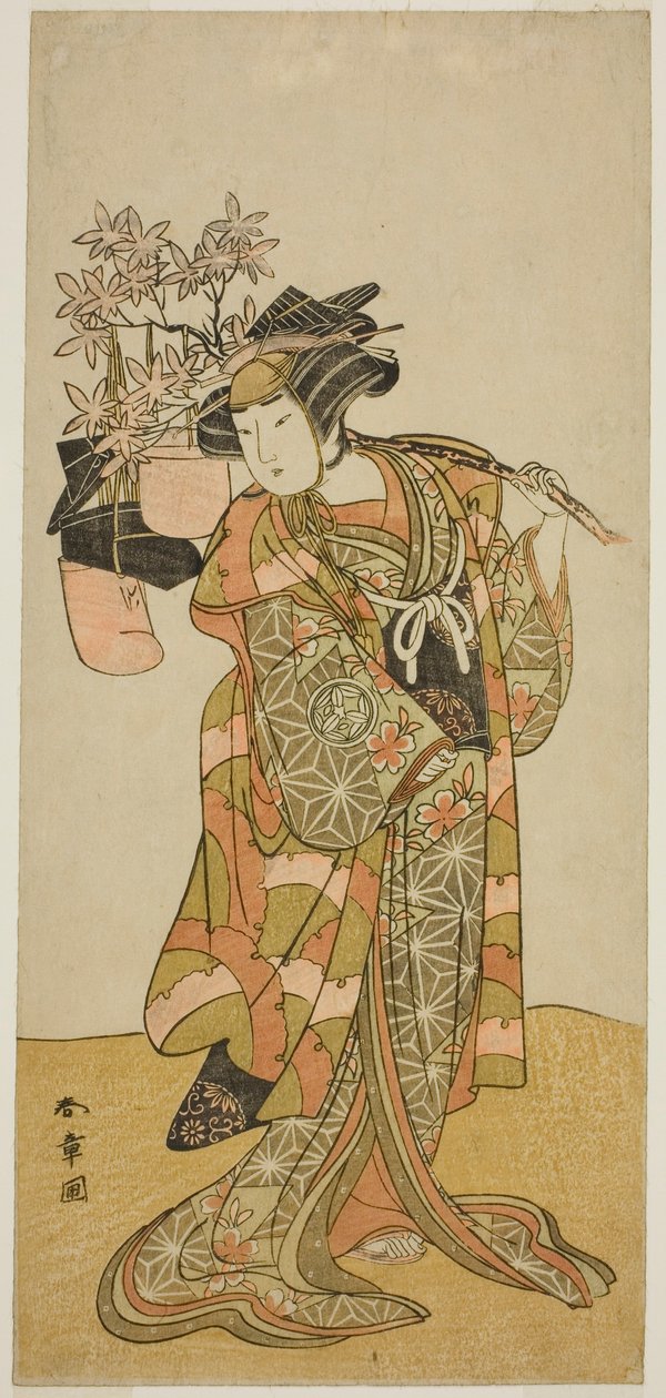 الممثل Yamashita Kinsaku II في دور Odai ، بائع إبوشي (قبعة) ، في مسرحية Hana-zumo Genji Hiiki ، تم عرضه في مسرح ناكامورا في الشهر الحادي عشر ، 1775 بواسطة كاتسوكاوا شونشو
